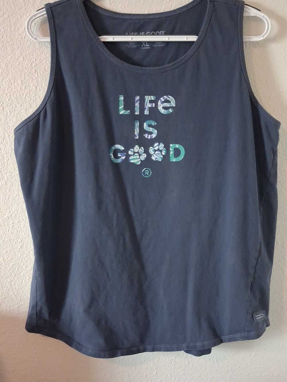Life Is Good Faded Navy Tank Top with Teal Paw Print  Floral Logo Womens XL